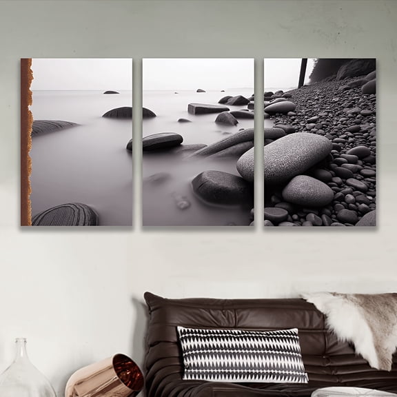 3pcs Frameless Canvas Art - Tranquil Beach Scene with Smooth Stones & Gentle Waves, Ideal for Living Room, Office, or Bar Decor, Perfect Holiday, Birthday, or Party Gift, Office Artwork | Serene Wal