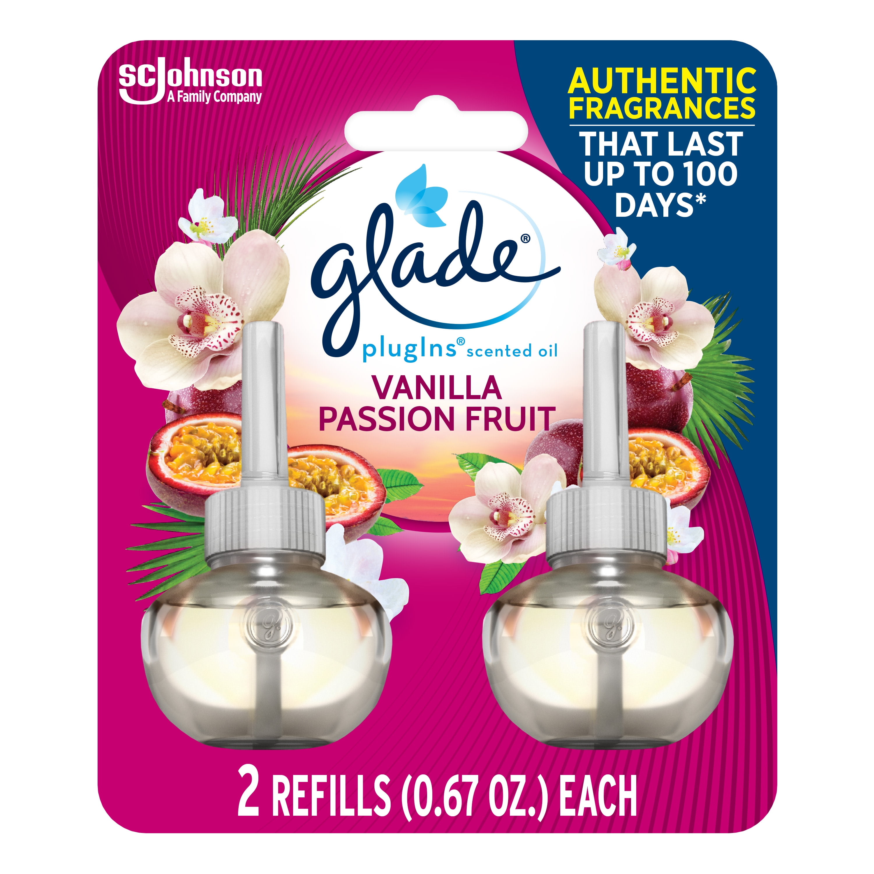 Glade PlugIns Refill 2 CT, Vanilla Passion Fruit, 1.34 FL. OZ. Total, Scented Oil Air Freshener Infused with Essential Oils