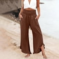 thumbnail image 2 of Nestiefly Linen Pants Women Summer Wide Leg Smocked Waist Ruffle Hem Pants Boho Flowy Beach Vacation Pant with Pockets Brown M, 2 of 7