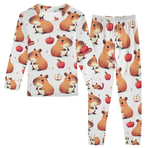 joogoo Capybara Red Apples 2 Piece Long Sleeve Tee and Pants Cotton Pajama Set 5Y