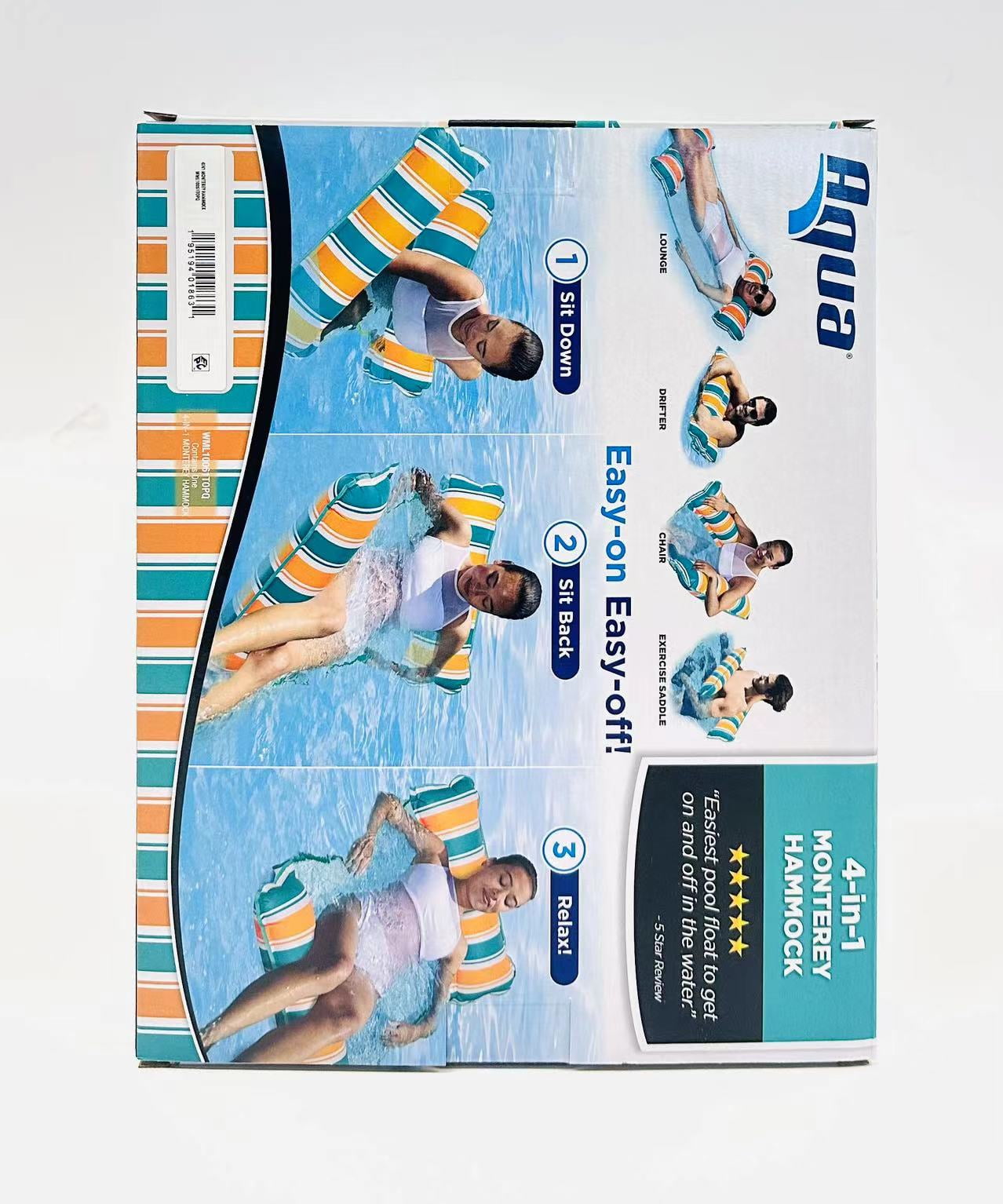 (3 pack) Aqua-Leisure 4-in-1 Monterey Hammock Pool Float, Teal/Orange Stripe, 250 lb Capacity