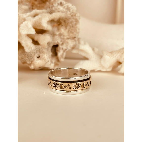 Gold Boho Spinner Ring for Women – Sterling Silver 925 Sun & Moon Fidget Ring, Handmade Anxiety Relief Thumb Ring, Meditation Spinning Band, Unique Boho Jewelry Ring Size- 13
