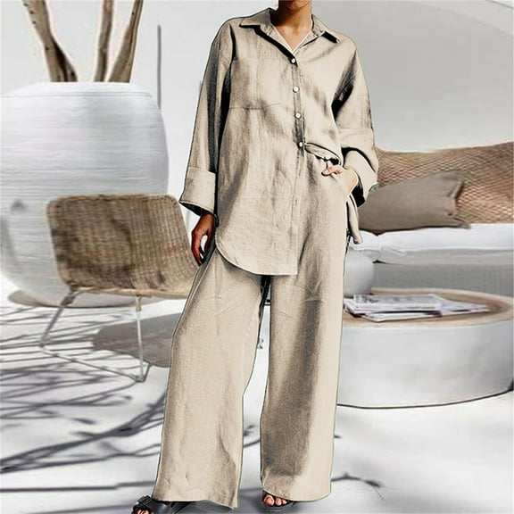 Baqcunre Cotton Linen Outfits Dressy Business Work Suits Streetwear Button Down Tops and Pants Suit,Size L,Two Piece Sets for Women,Outfits for Women,Lounge Sets for Women,Womens Pajama Sets,,Beige