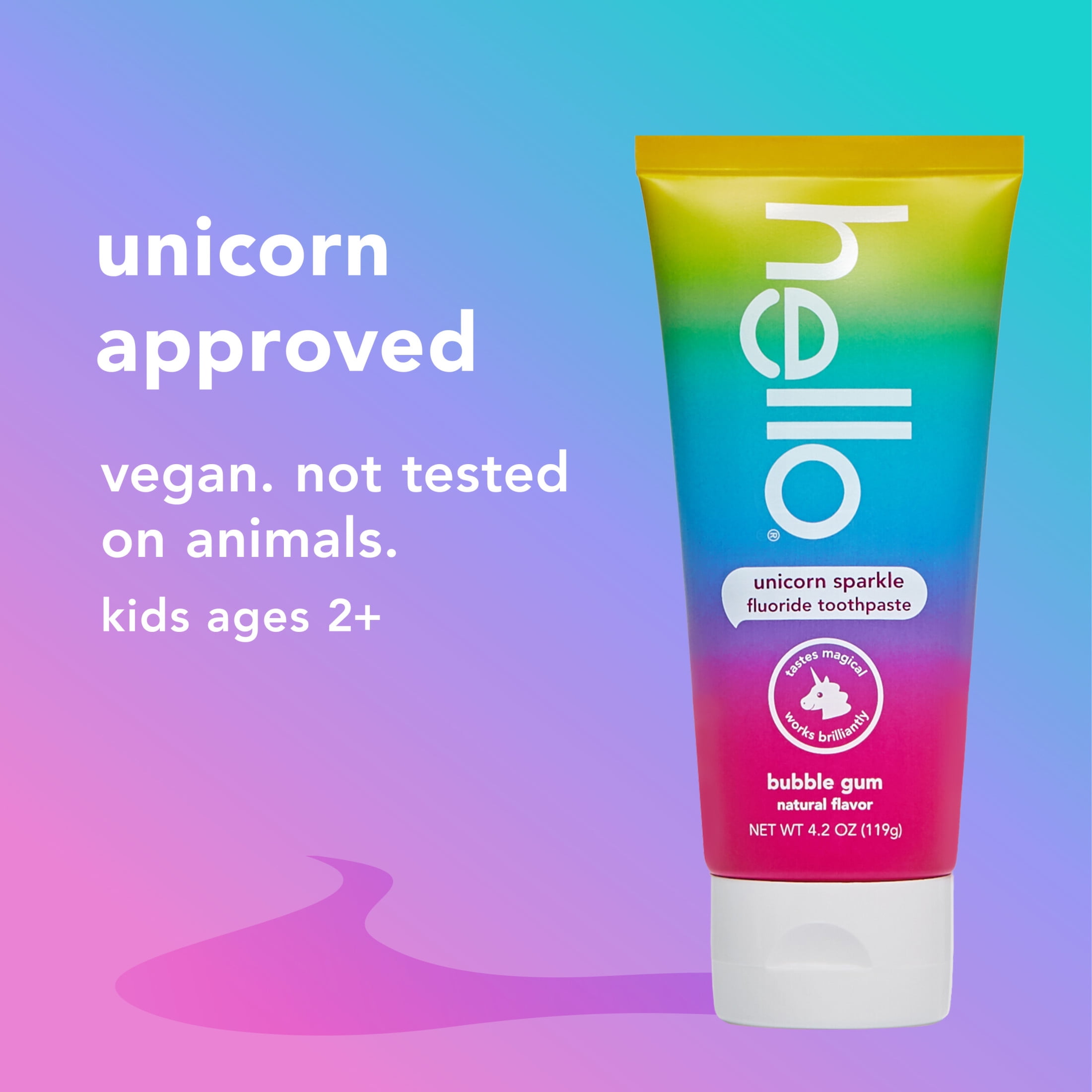 (2 pack) hello Unicorn Sparkle Kids Toothpaste with Fluoride, Bubble Gum Toothpaste, 4.2 Oz Tube