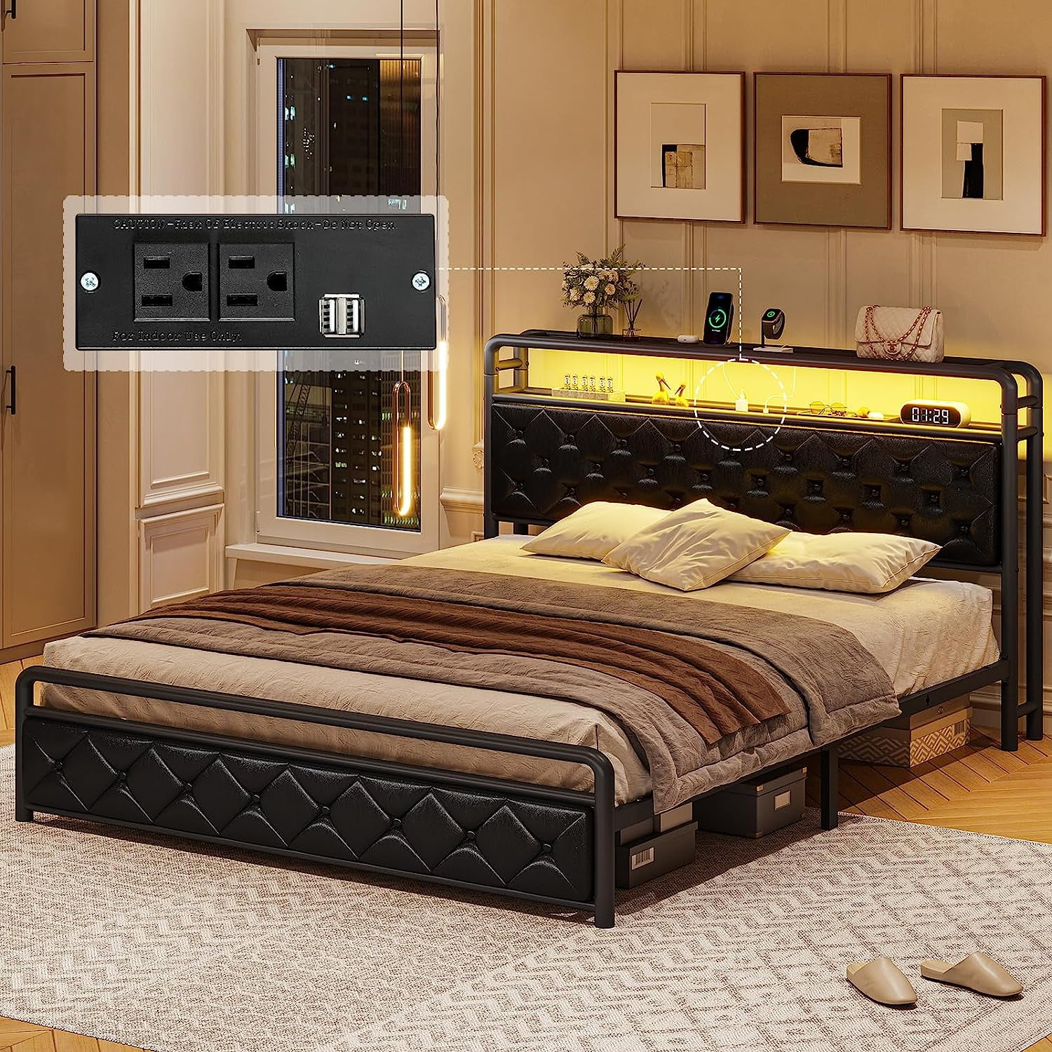 Queen LED Bed Frame with Power Outlets&USB Ports&Storage Headboard