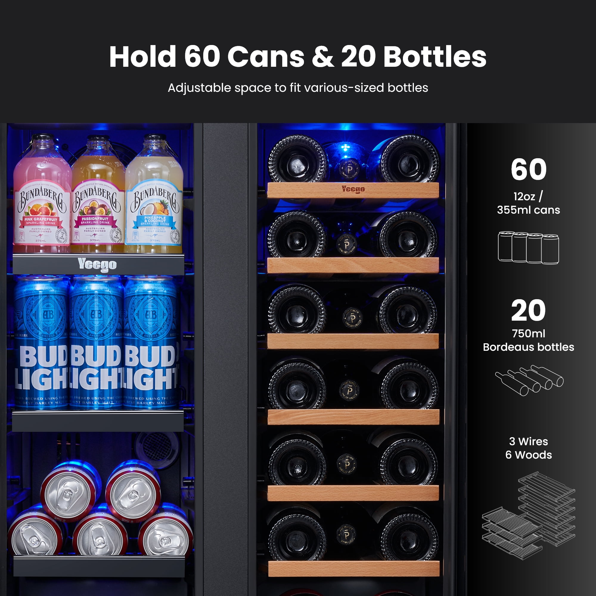 Yeego 24 inch Wine and Beverage Refrigerator, 20 Bottles and 60 Cans Dual Zone Fridge with French Glass Door for Home/Office, 36℉~72℉, Built-in/ Freestanding