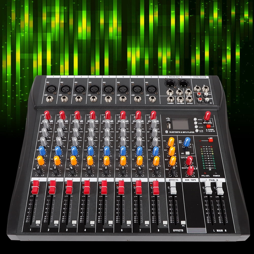 Professional Audio Mixer with 8 Mic Inputs, 3-Band Equalizer, 6 Built-in Music Styles, Real-time Monitoring, Ideal for Sound Customization