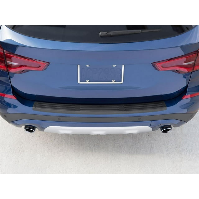 Fits 2016-2022 Honda Pilot WeatherTech Bumper Protector BP0025 BumperTopper in black ribbed plastic, shown installed on a rear bumper. Designed for direct-fit installation using very high bond adhesive strips, it provides rear bumper protection against scratches, paint chipping, and wear. Made from impact-resistant hard plastic.