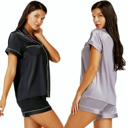 

LONXU Sleepwear Women s Satin V-Neck Pajamas Set Soft Loungewear 2-Pack