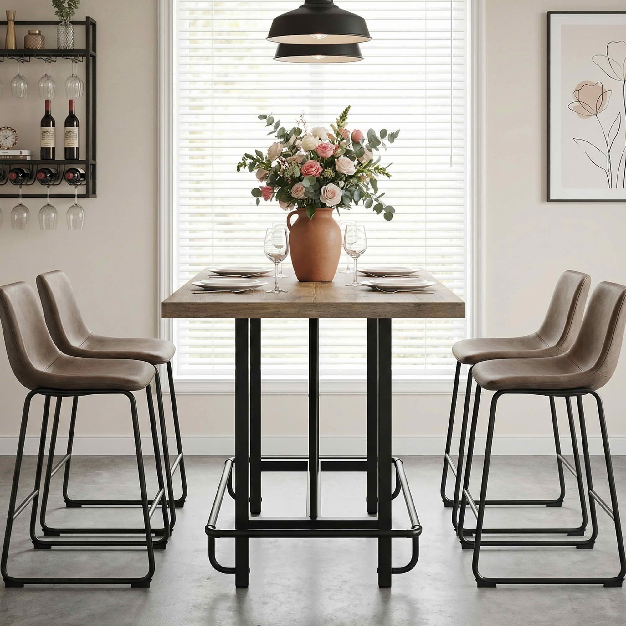 MAYEERTY 63" Counter Height Industrial Dining Table, 6-Seater Rustic Wooden Top & Metal Legs with Footrest, Multiuse Kitchen & Work Table