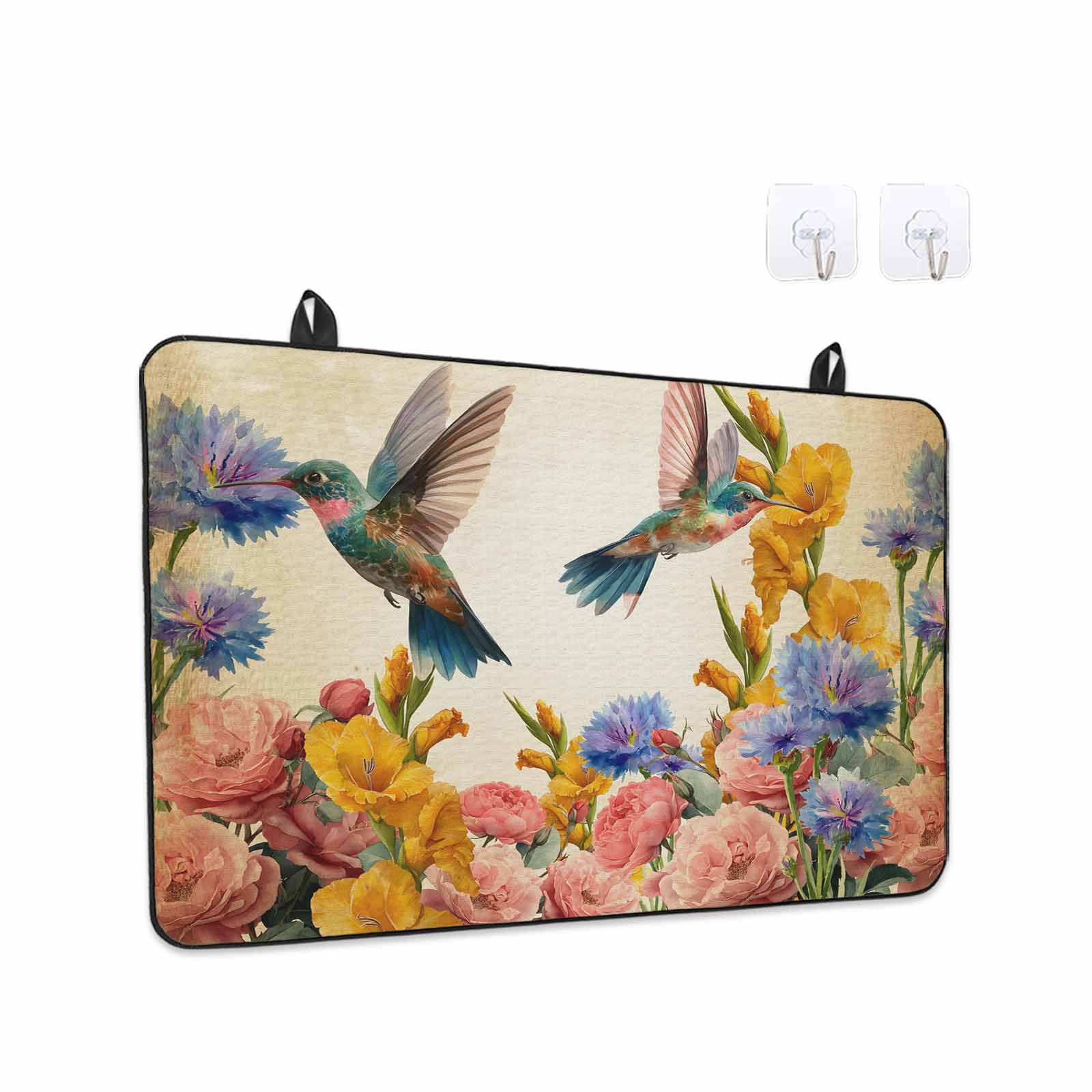Vintage Hummingbirds Stove Top Cover for Electric Stove, Heat-proof & Non Slip Glass Top Stove Cover Protector, Spring Farmhouse Country Flowers Kitchen Flat Cooktop Rubber Mat 24x21 Inches