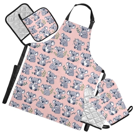 Koala and Leaves 5 Pcs Kitchen Set Heat Resistant Oven Mitts and Non-Slip Pot Holders with Adjustable Cooking Apron