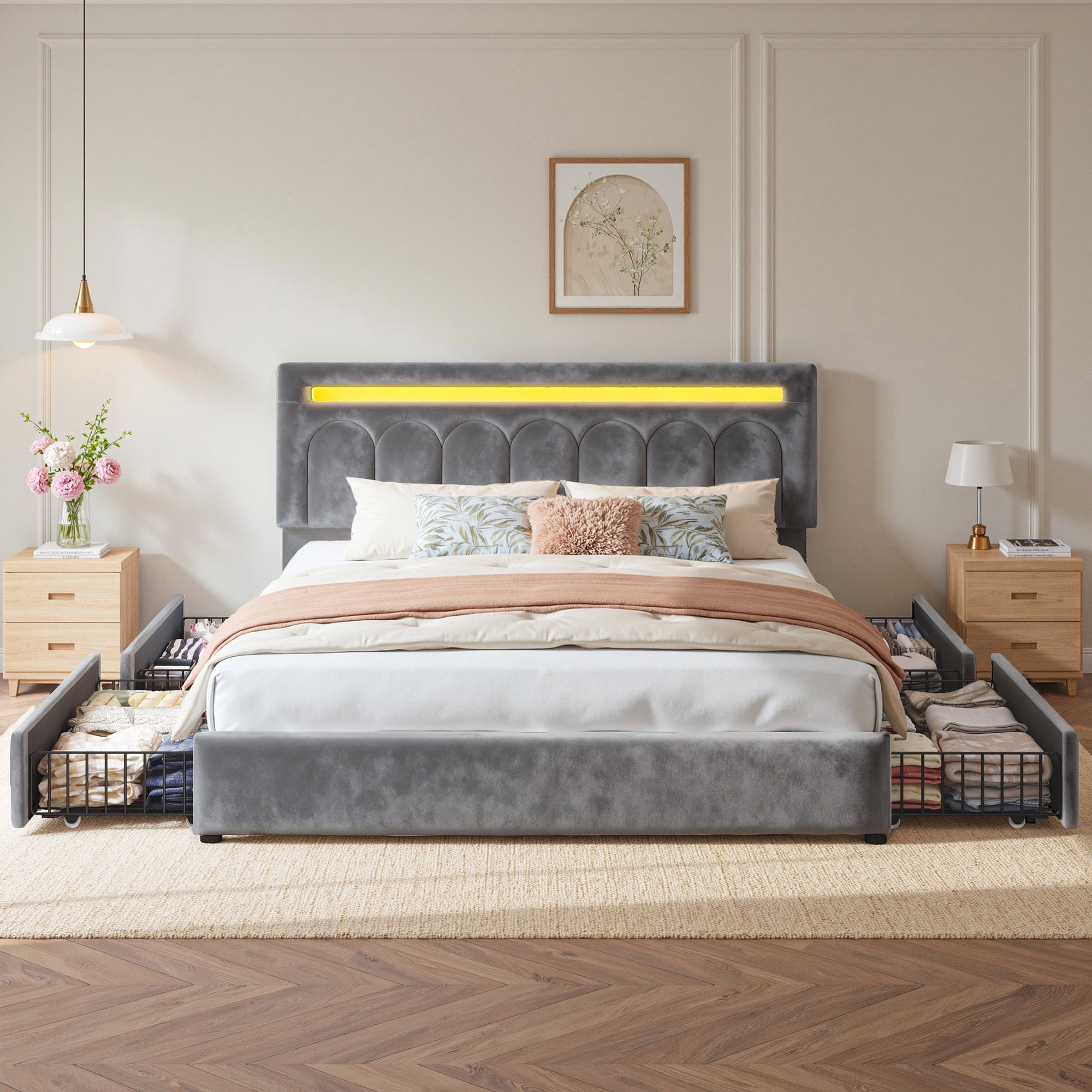 EnHomee Upholstered Bed Frame with 4 Storage Drawers King Size Bed Frame with Headboard & LED Light,Gray