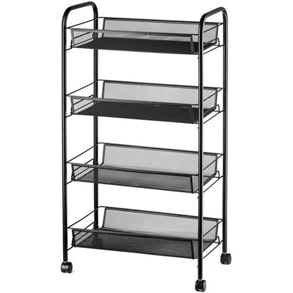 4-Tier Rolling Cart, Metal Utility Cart with Side Hooks, Mobile Mesh Utility Cart on Wheels, Metal Storage Shelving Units for Kitchen, Bathroom, Laundry Room or Living Room, Black