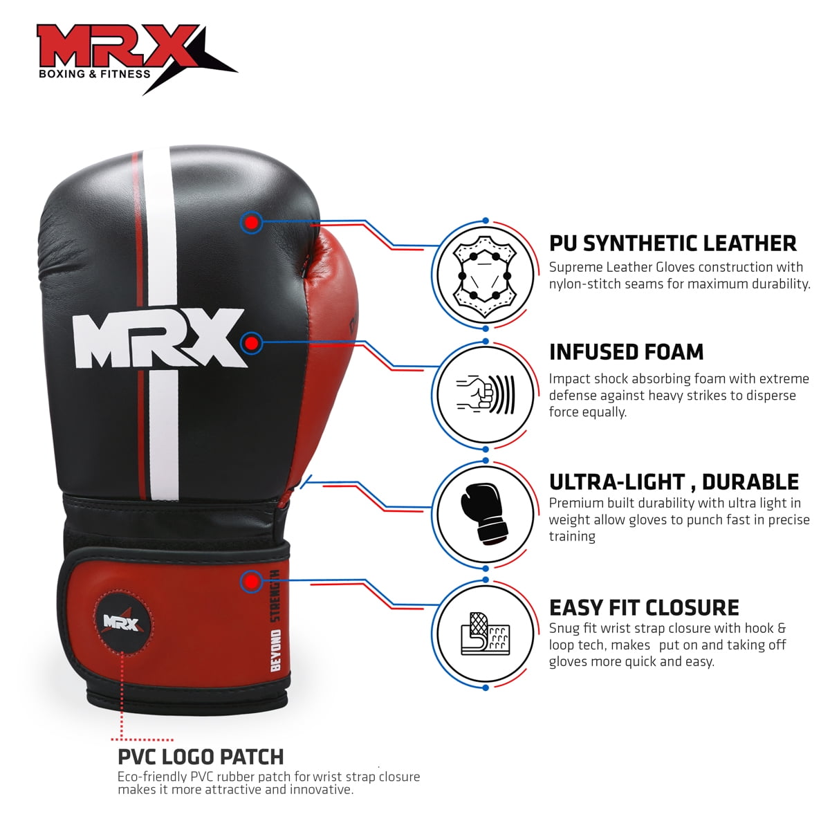 MRX Boxing Gloves for Men Women Boxing Training Gloves Kickboxing Muay Thai Sparring Punching Gloves Kickboxing Gloves Heavy Bag Workout Gloves for Boxing Durable Leather MMA Martial Arts|Black Red