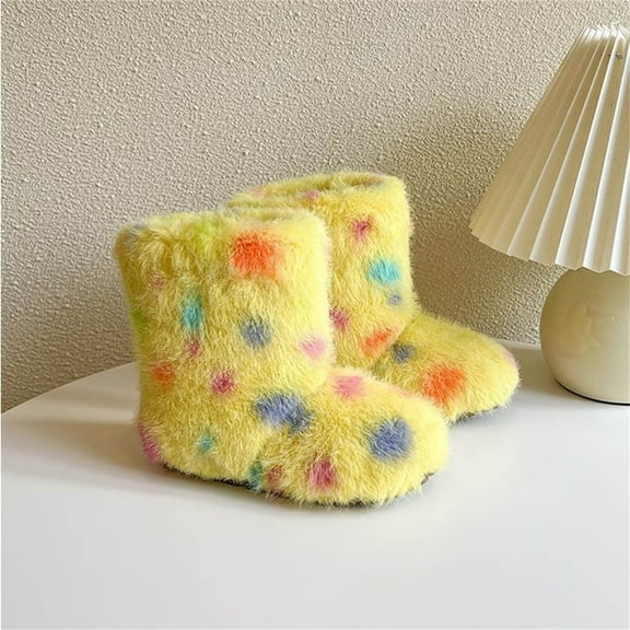 THDHVS Winter Boots for Girls,Toddler Snow Boots,Girls Polka Print Winter Boots Cozy Faux Fur Collar and Non-Slip Rubber Outsole for Safe Snow Boots Fully Lined for Warmth Yellow 3-3.5 Years