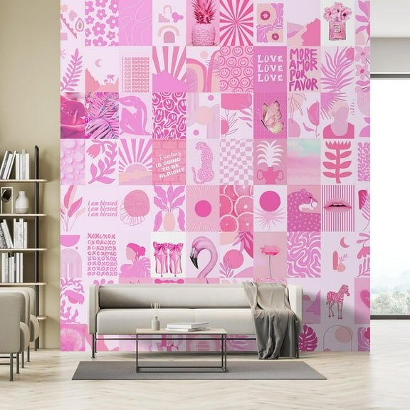 Idea4wall 2pcs Playful Pink Pop Culture Dynamic Collage of Modern Wall Murals, Removable Self-Adhesive Stick Wallpaper Large Wall Stickers for Home Decorative, 48"x108"