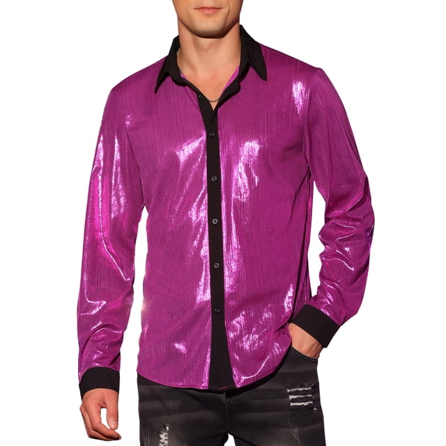Camisa Brillante INSPIRE CHIC de Manga Larga para Hombre, Camisas Metálicas con Brillo para Fiesta y Club Nocturno, Color Rojo Rosa