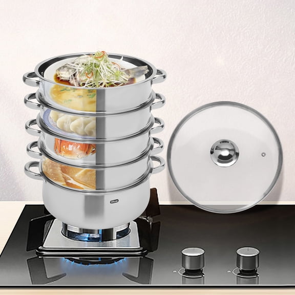5-Tier Round Silver Stainless Steel Steamer Cook Pot Vegetable Steamer Tool for  Gas Ovens Stovetops Induction Electric Stoves