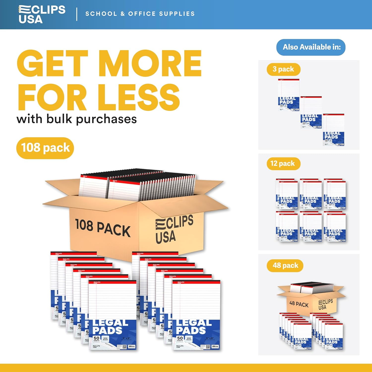 E-Clips USA 50-Sheet Legal Wide Ruled Paper Notepads with Chipboard Back, White, 108-Pack