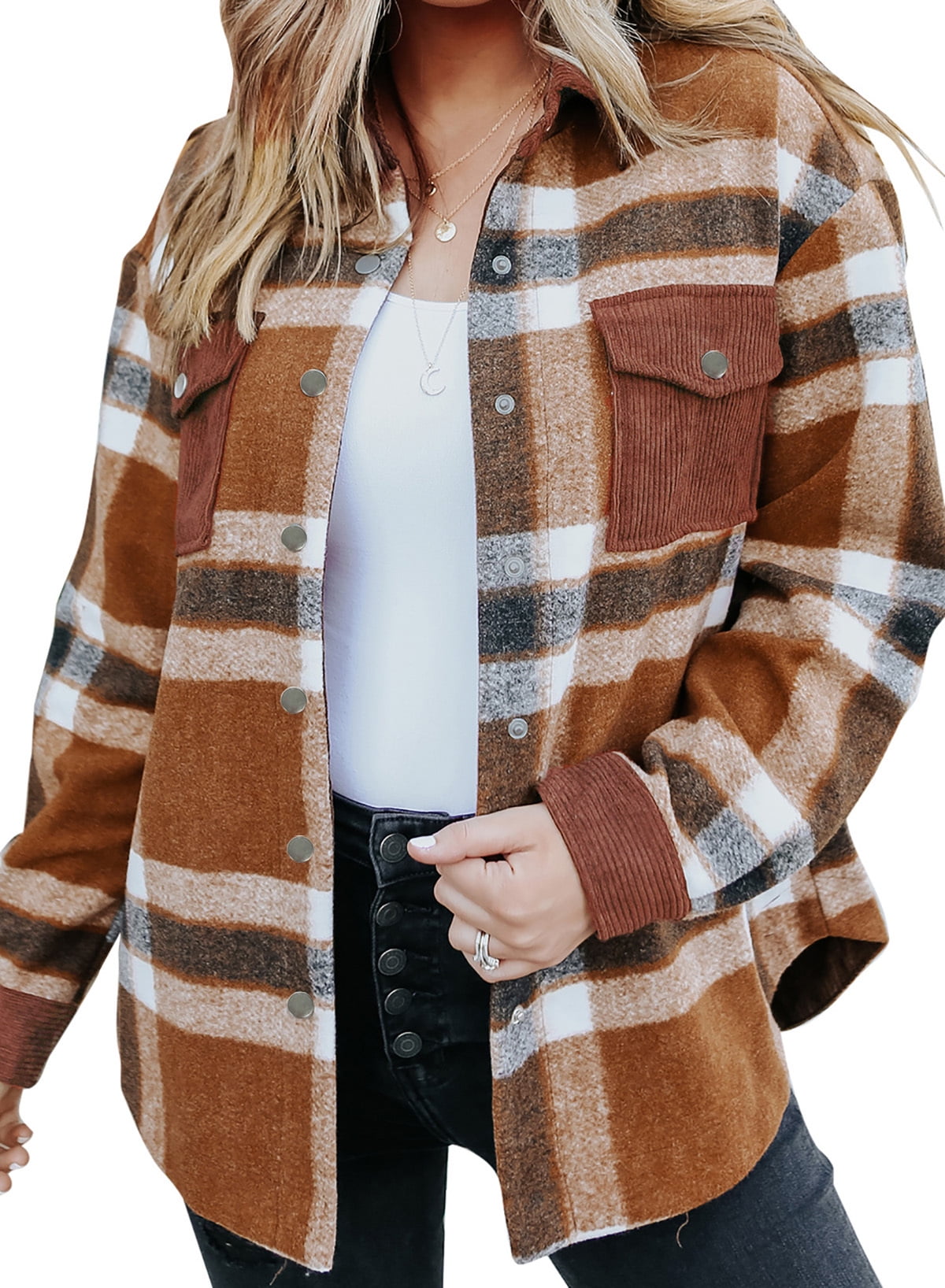 Asvivid Women's Brown Plaid Flannel Jacket Coats Button Down Long