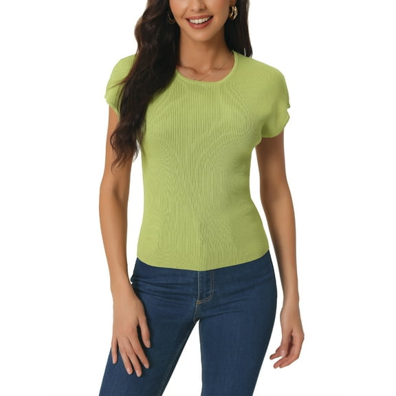 INSPIRE CHIC Women's Casual Cap Sleeve Knit T Shirts Crewneck Basic Summer Tops Slim Fit Solid Color Blouse S Olive