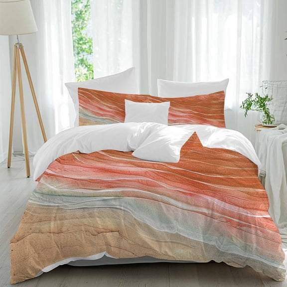 3 Piece Burnt Orange Ombre Coastal Duvet Cover Set California King,Microfiber Comforter/Quilt Cover with Corner Ties and 2 Pillowcases,Summer Nautical Beach Ocean Seaside Bedding with Zipper Closure