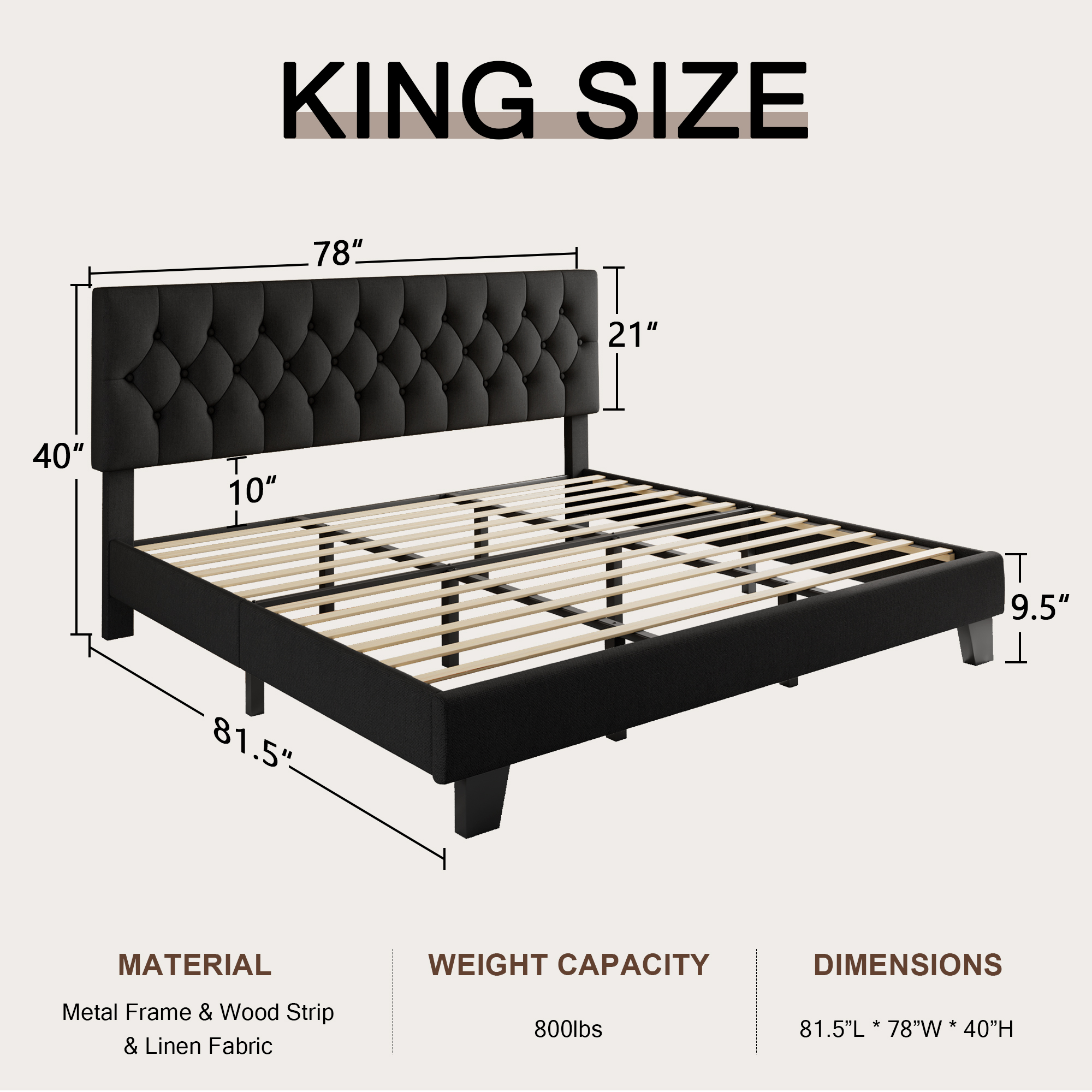 Virans Linen King Size Platform Bed Frame with Tufted Button Headboard,Upholstered Bed with Wood Slat Support,No Box Spring,Noise Free,Easy Assembly,Black