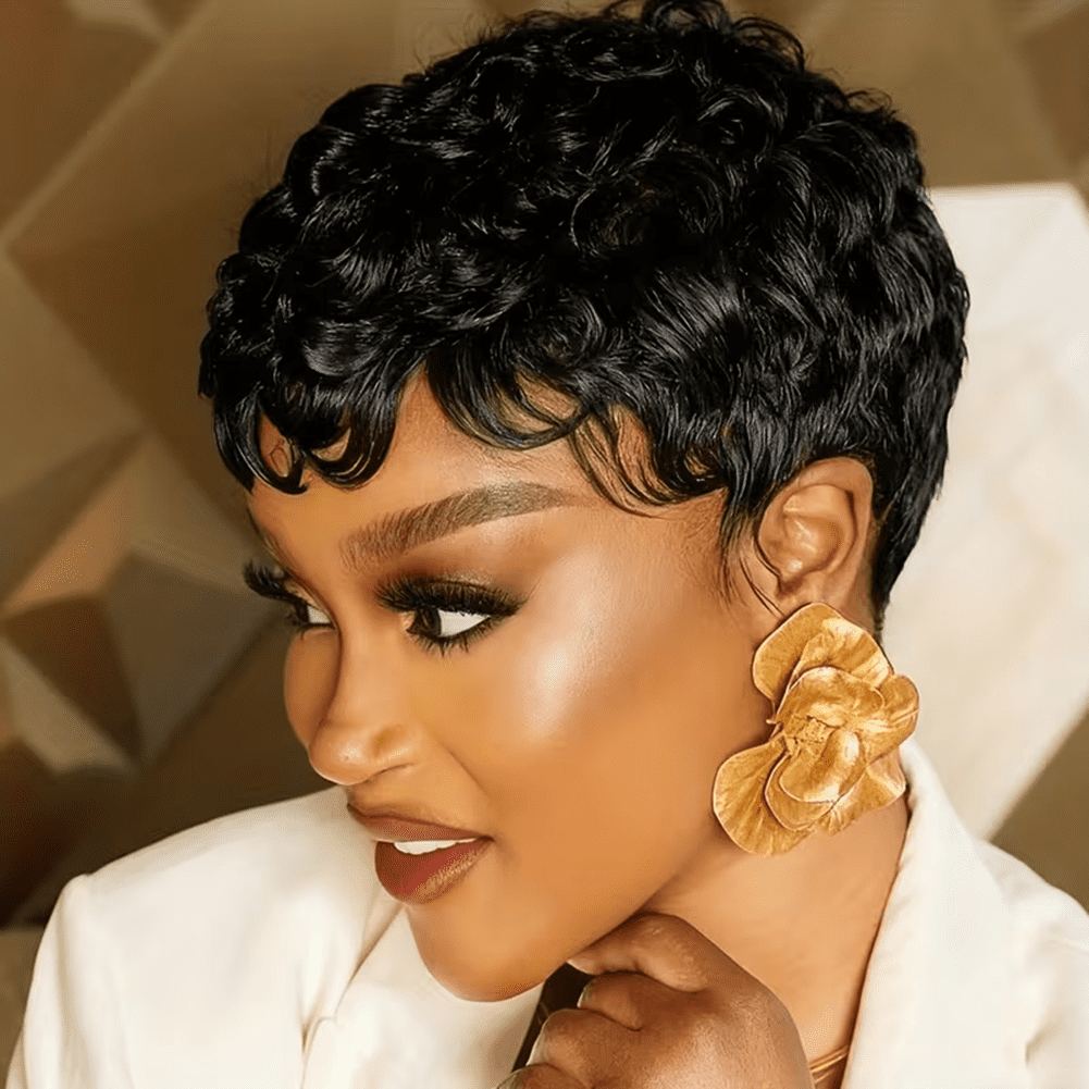 Short Pixie Cut Wig Human Hair Glueless Pixie Cut Wigs Layered Curly Wavy Full Machine Made Wigs With Bangs Natural Black Color for Daily Use