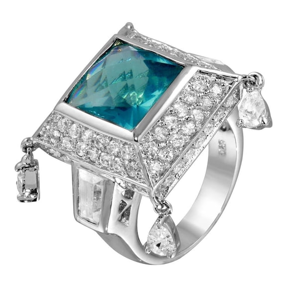 Rhodium Plated 925 Sterling Silver Clear & Blue Pyramid Ring Band CZ Jewelry Female Size 9