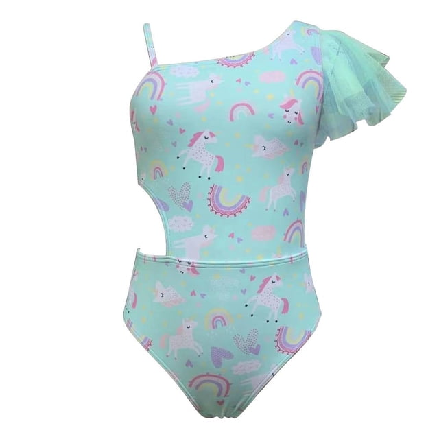 Traje de Baño Ocean Pacific Talla 8 Completo con Unicornios y Abertura Azul Aqua