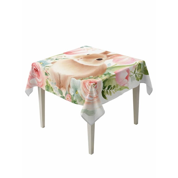 Easter Bunny Suqare Tablecloth - 54 x 54 Inch, Pink Tulip Flowers Rabbit Country Botanical Waterproof & StainResistant Tablecloth, Washable Oil-proof Table Cover for Dining/Party/Wedding/Buffet
