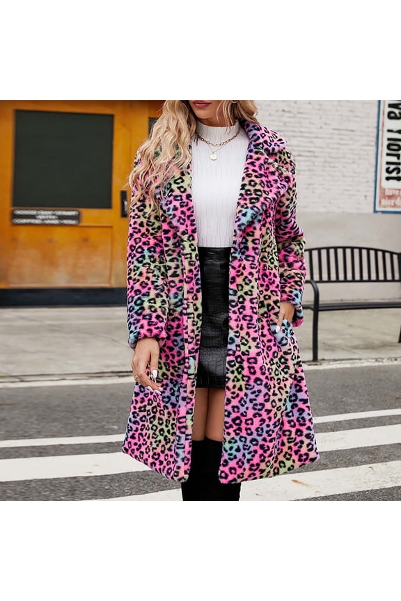Womens Winter Coat Trendy Fleece Jacket Ladies Warm Long Coat Jacket Winter Leopard Print V-neck Thick Outerwear