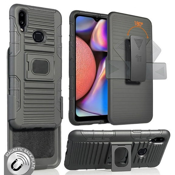 Case with Clip for Galaxy A10s, Nakedcellphone Black Rugged Cover [with Finger Grip Stand]   [Built-In Mounting Plate]   [Belt Hip Holster] for Samsung Galaxy A10s (SM-A107)