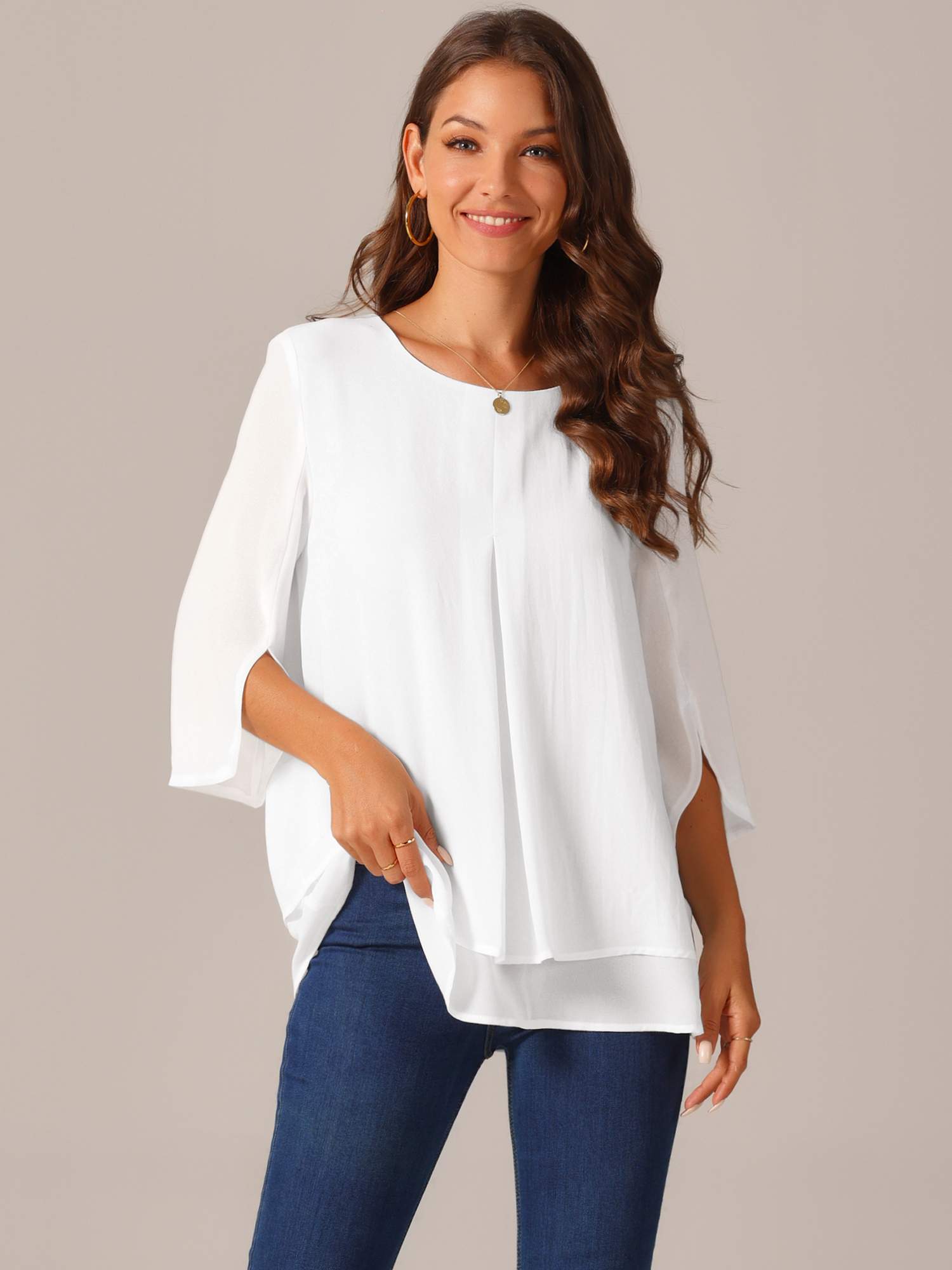 DARING DIVA Women's 3/4 Sleeve Chiffon Casual Crew Neck Blouses M White