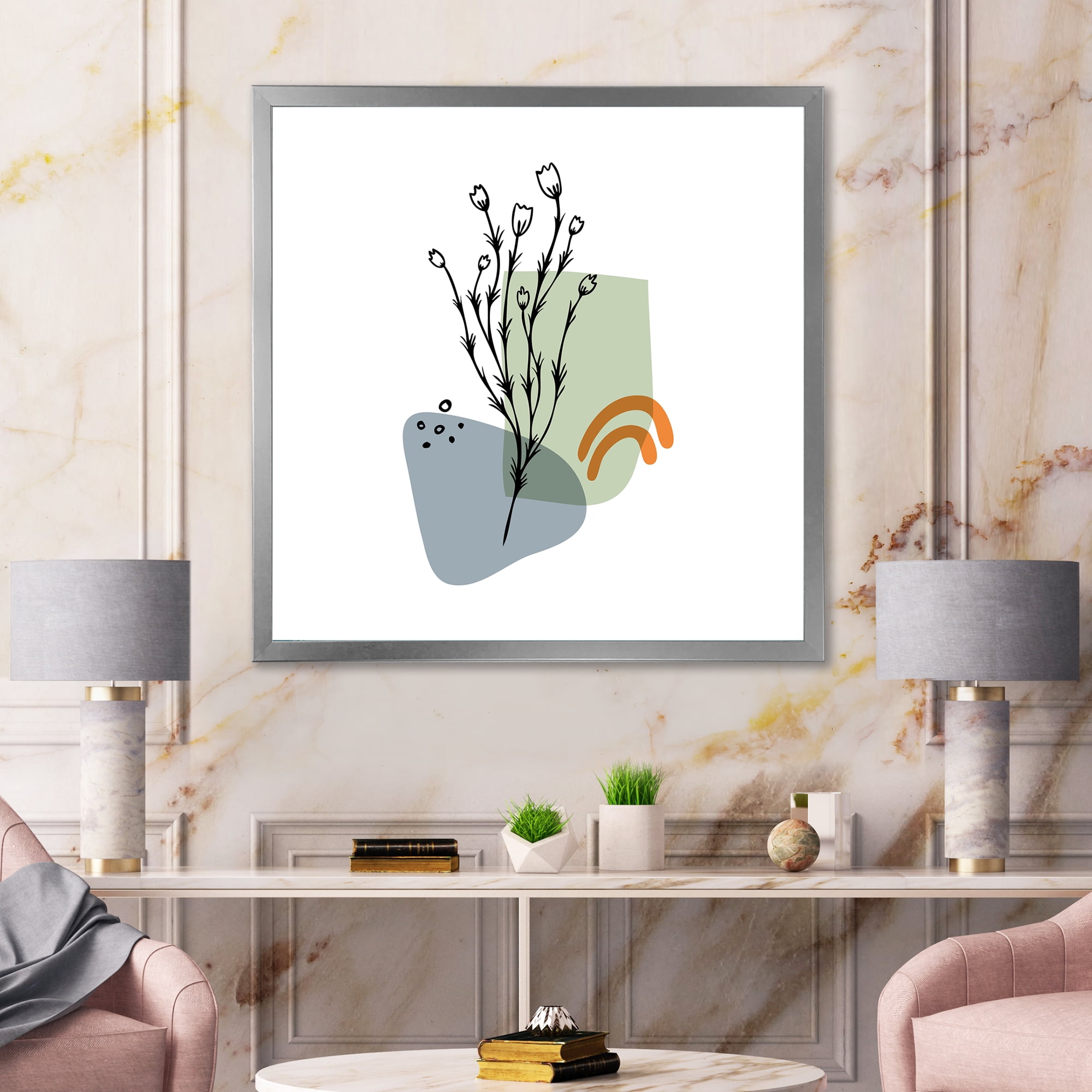 Designart 'Abstract Minimal Shapes Under Flowers II' Modern Framed Art Print