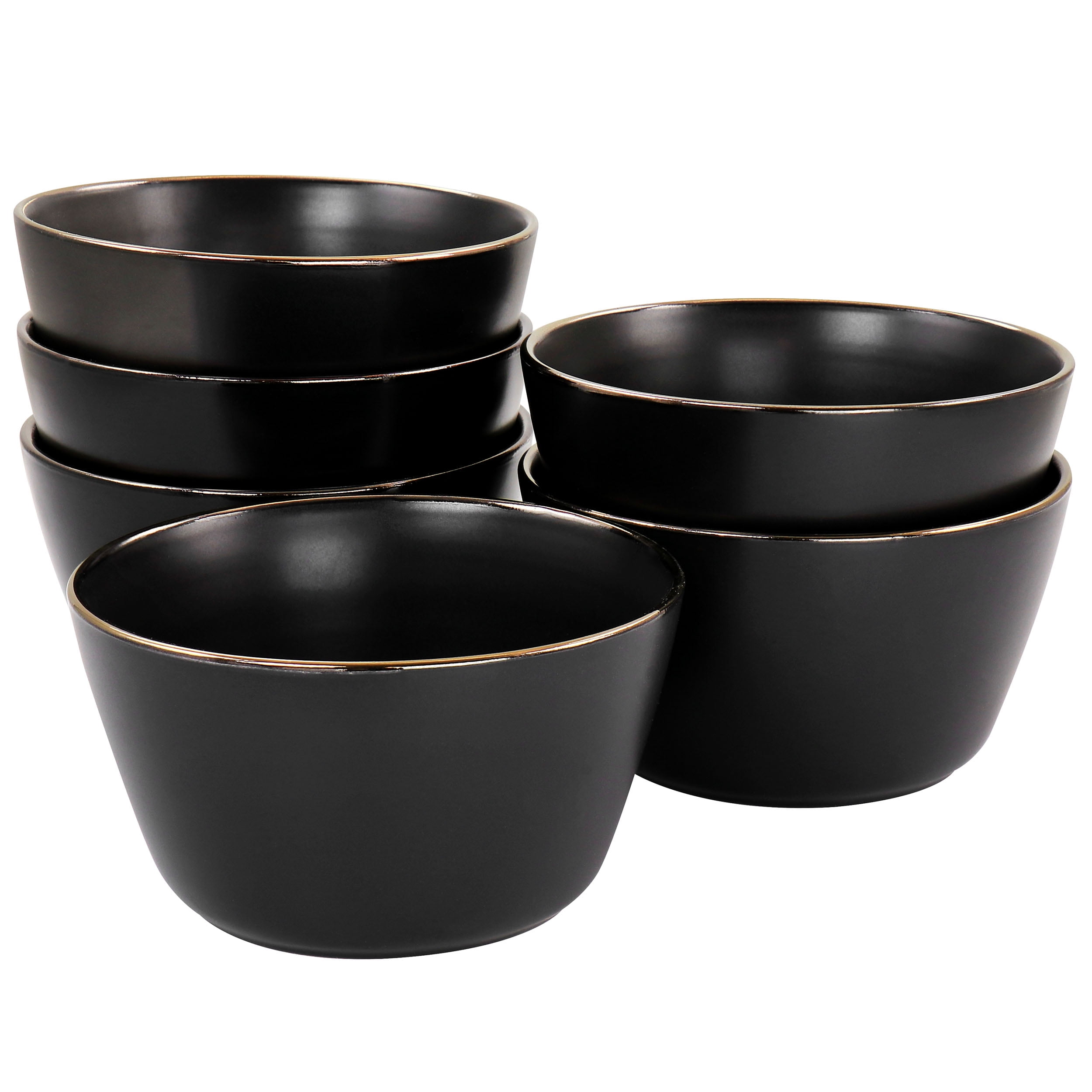 Elama Paul 6 Piece Stoneware Bowl Set in Matt Black with Gold Rim