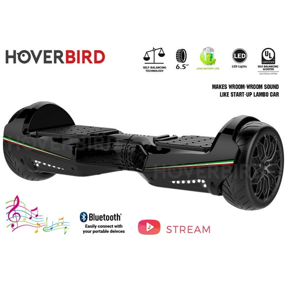 HOVERBIRD ES11 Hoverboard PRO 500W avec Pneus de 6,5" - Certifié UL 2272 avec Bluetooth, Lumières LED, Application, Équilibre Automatique, Son de Démarrage Lambo - Noir