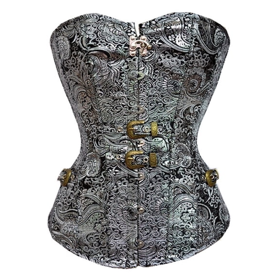 FASHOFT Silver Corset Shapewear For Women Court Gothic Style Steel Boned Waist Cincher Bustier Waist Cinching Vintage Dark Style Body Shaper For Cosplay Pirate Corset L