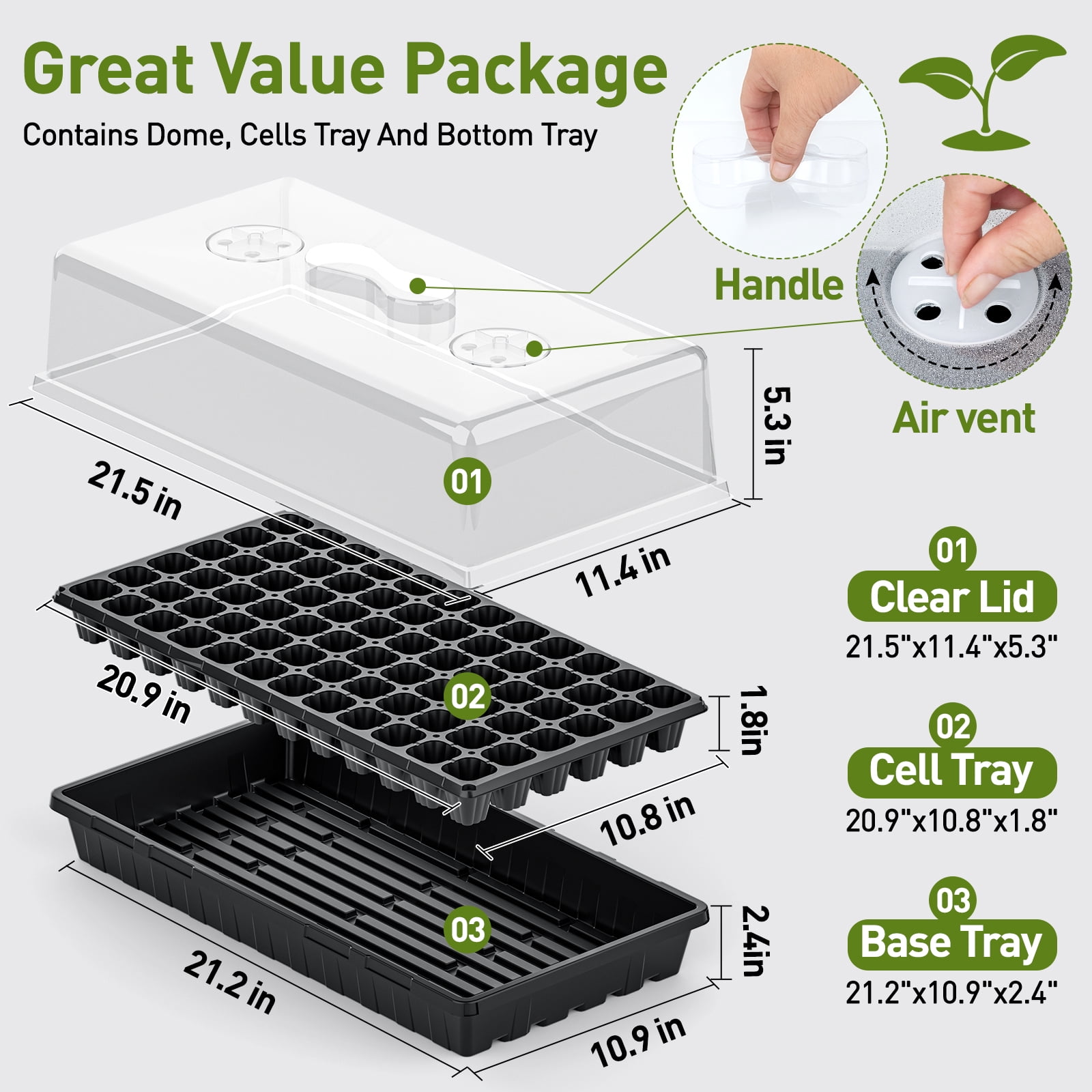 5-Pack Seed Starter Trays Set – Includes 1020 Trays (No Holes) + 72-Cell Deep Plug Trays (2.44" Deep) + 5" Clear Humidity Domes for Vegetables, Herbs, Flowers