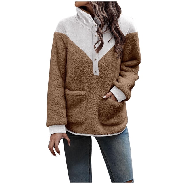 Suéter de cuello alto con bolsillo de botones de patchwork de manga larga para mujer Pompotops hdfakjf10164