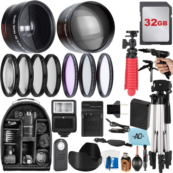 A-Cell 58mm Accessory Bundle for Canon EOS Rebel T7, T6, T5, T3, T100, 4000D, 2000D, 3000D and More with 32GB Memory Card, Wide Angle Lens, Telephoto Lens, Tripod, Backpack