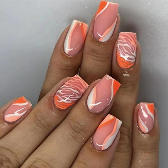 24 Pcs Fall Pink Press on Nails Medium Square - Fake Nails Press ons Orange Sunset Blooming Marble Veins Design False Nails Full Cover Glossy Acrylic Artificial Nail Art Tip Nails Manicure
