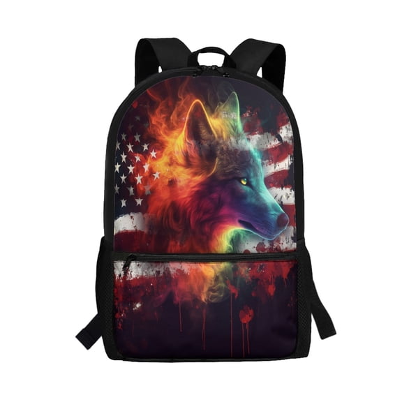 Uourmeti Polyester School Backpack Daypack with Fiery Wolf American Flag Design - Durable for Student Daily Use and Travel