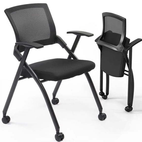 YDLW 2-Pack Stackable Conference Room Chairs with Wheels, Folding Office Chairs with Mesh Back, Padded Seat, 350 lb Capacity, Black