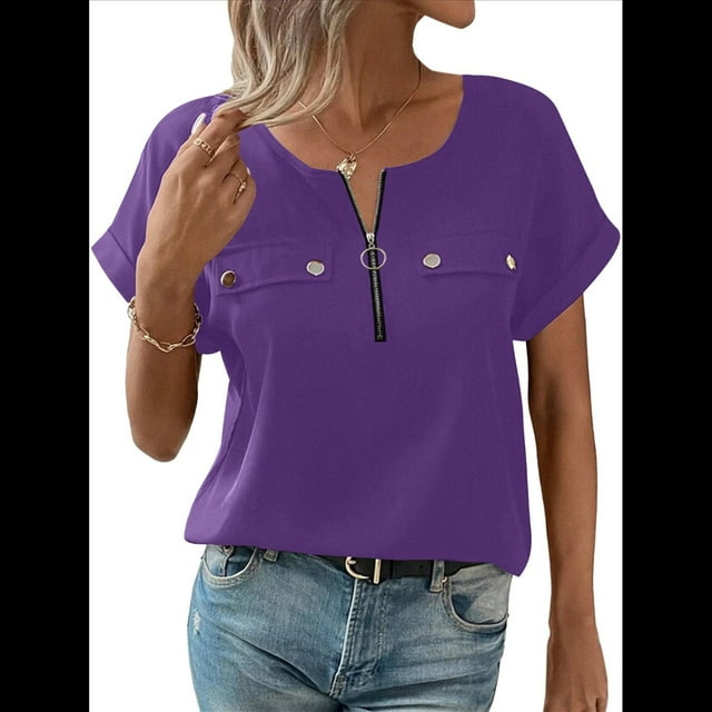 Blusa con Cremallera para Mujer, de Poliéster, con Botones y Corta, Ideal para el Tiempo Libre, Color , Talla S