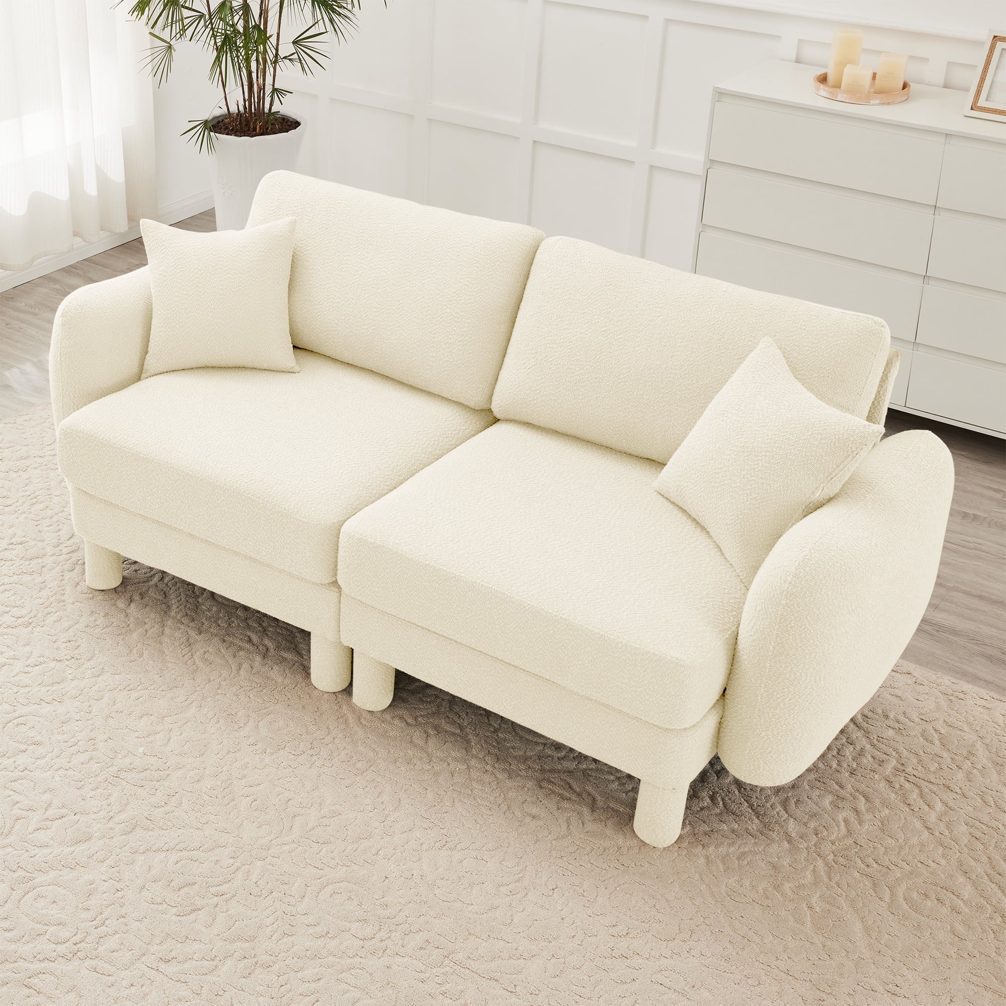 Gewnee Beige 2-Seater Boucle Loveseat with Shell Armrests & Fabric-Wrapped Cylindrical Legs - Ideal for Bedroom Reading Nook, Home Office Lounge