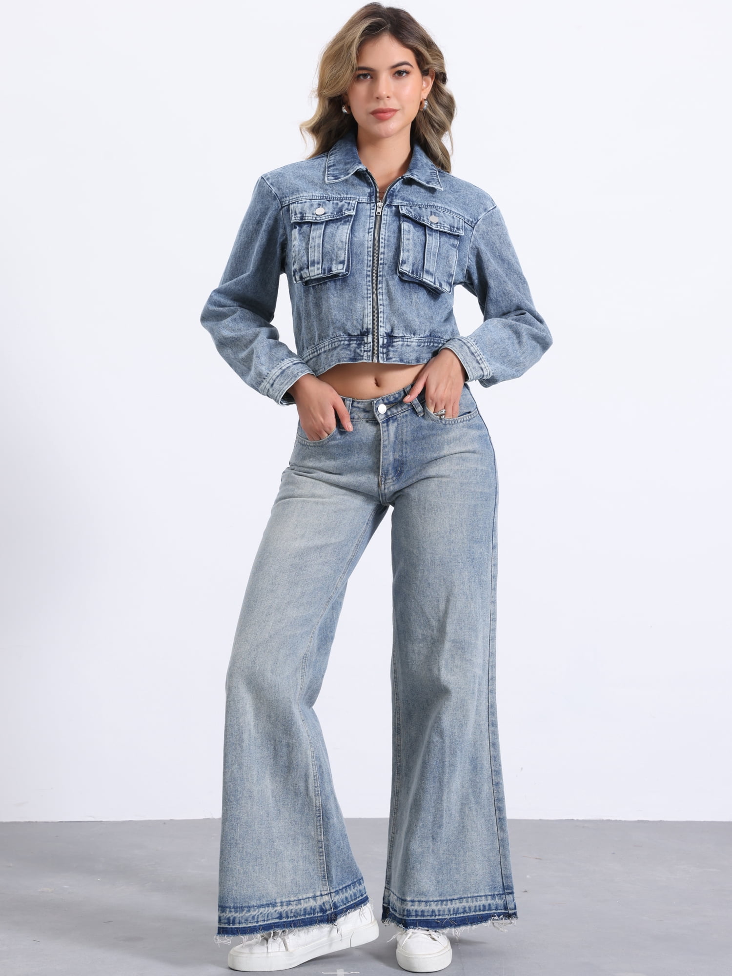 DARING DIVA Women's Zip Up Long Sleeves Cropped Denim Jacket M Washed Blue