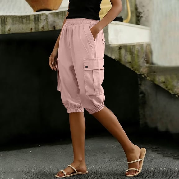 CQONEPT Women's Cargo Pants Casual Summer Elastic Waist Cotton Pull On Hiking Outdoor Jogger Capris with Pockets Pink L