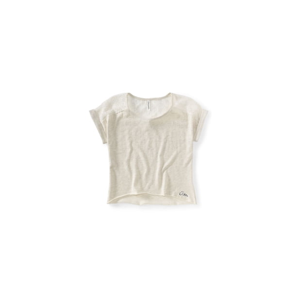 Camiseta gráfica recortada con espalda de encaje para mujer de Aeropostale, beige, grande